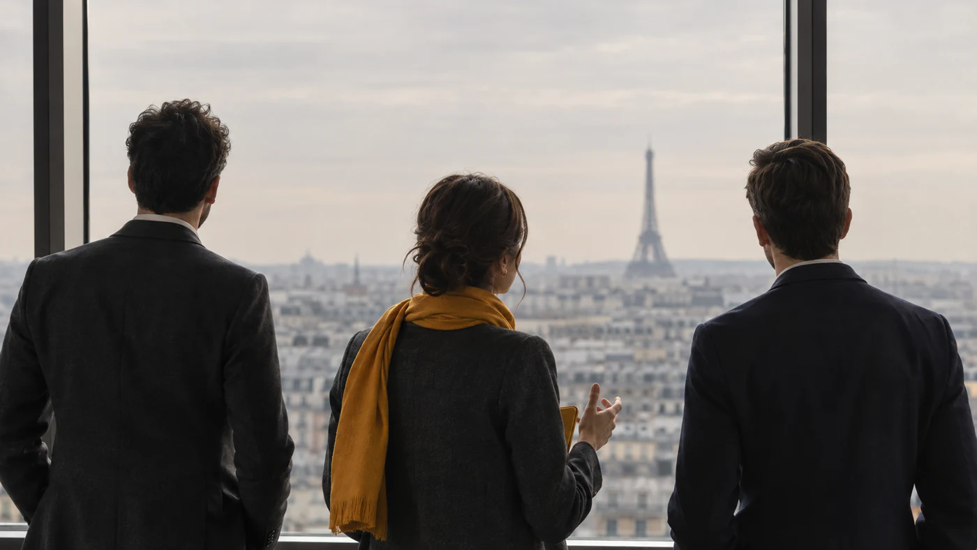 tak infor - trois interprètes de conférence face aux toits de Paris et à la tour Eiffel
