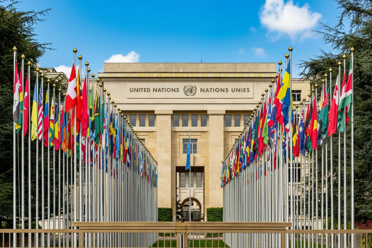 Palais des Nations - Office des Nations Unies à Genève, allée des drapeaux